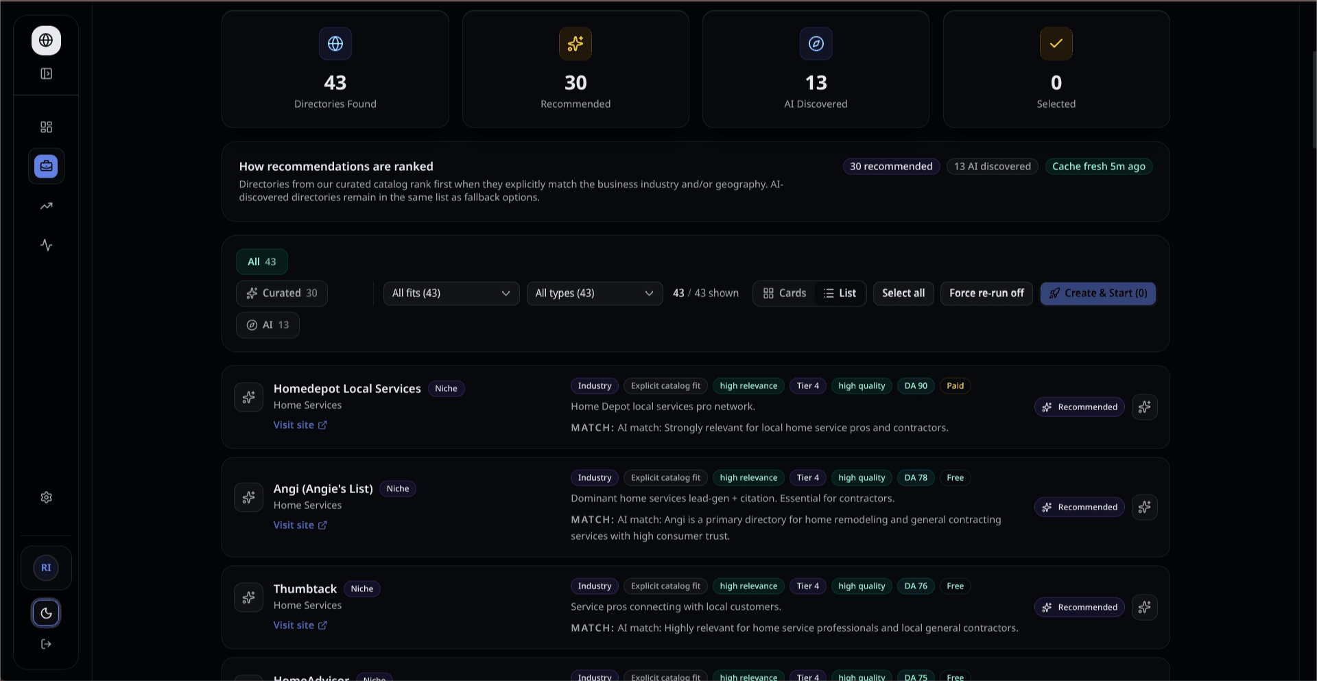 Directory discovery screen showing recommended directories, AI-discovered sources, filters, and ranked directory rows.